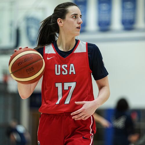 FILE - Caitlin Clark (17) brings the ball upcourt during a training camp for the U.S women's national basketball team, Friday, Dec. 12, 2025, in Durham, N.C. (AP Photo/Matt Kelley, File)
