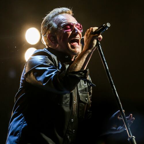 FILE - Bono of U2 performs at the Innocence + Experience Tour at The Forum in Inglewood, Calif., on May 26, 2015. (Photo by Rich Fury/Invision/AP, File)