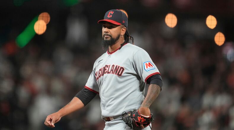FILE - Cleveland Guardians pitcher Emmanuel Clase during a baseball game against the San Francisco Giants, in San Francisco, June 17, 2025. (AP Photo/Jeff Chiu, file)