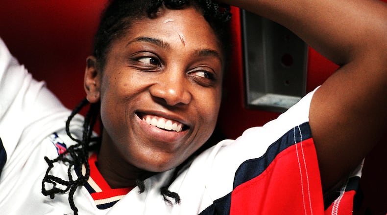 Teresa Edards in her Atlanta Glory days, relaxing in the locker room before a game against the Seattle Reign on February 13, 1997. AJC file