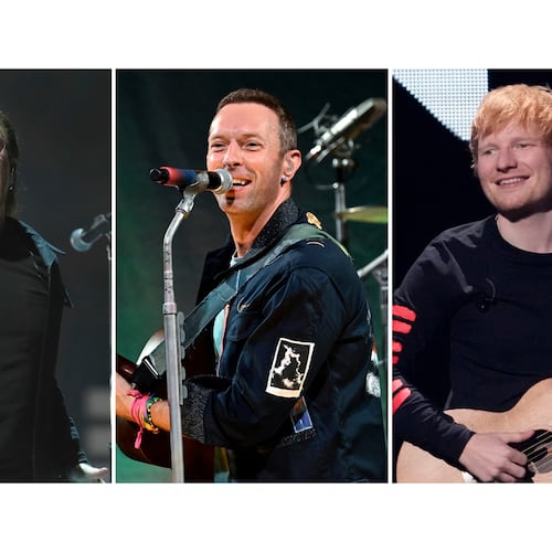 This combination of images shows Bono, from left, Chris Martin, and Ed Sheeran. (AP Photo)
