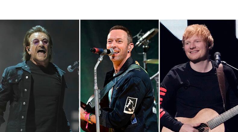 This combination of images shows Bono, from left, Chris Martin, and Ed Sheeran. (AP Photo)