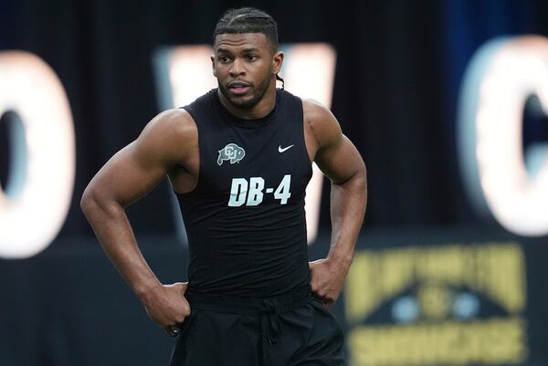 Colorado safety Shilo Sanders gets ready to take part in the 40-yard dash during Colorado's NFL football pro day Friday, April 4, 2025, in Boulder, Colo. (AP Photo/David Zalubowski)