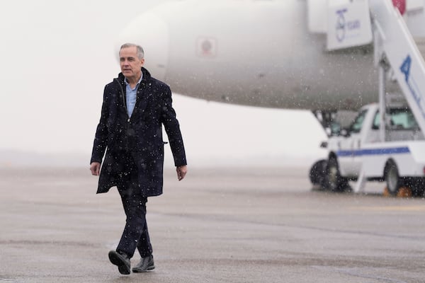 Canada Liberal Leader Mark Carney arrives in Gander, Newfoundland, on Monday, March 24, 2025. (Frank Gunn/The Canadian Press via AP)