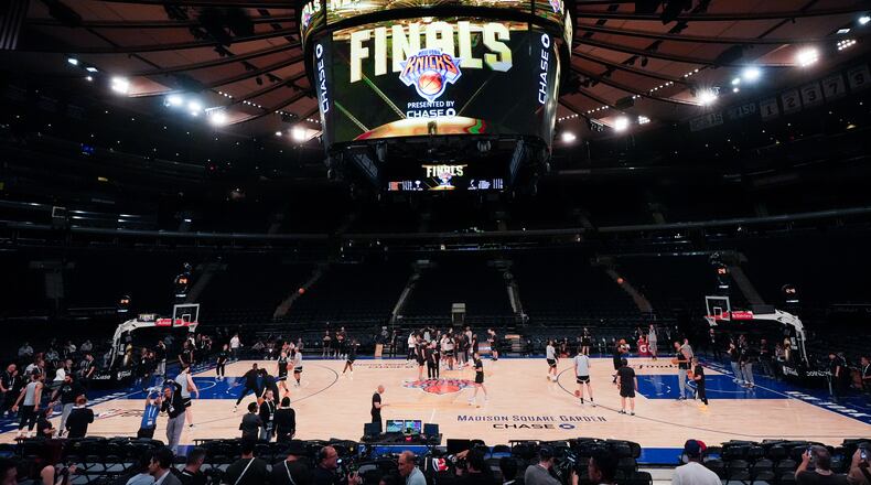The San Antonio Spurs practice prior to Game 3 of the NBA Finals basketball series against the New York Knicks, Sunday, June 7, 2026, in New York. (AP Photo/Ross D. Franklin)