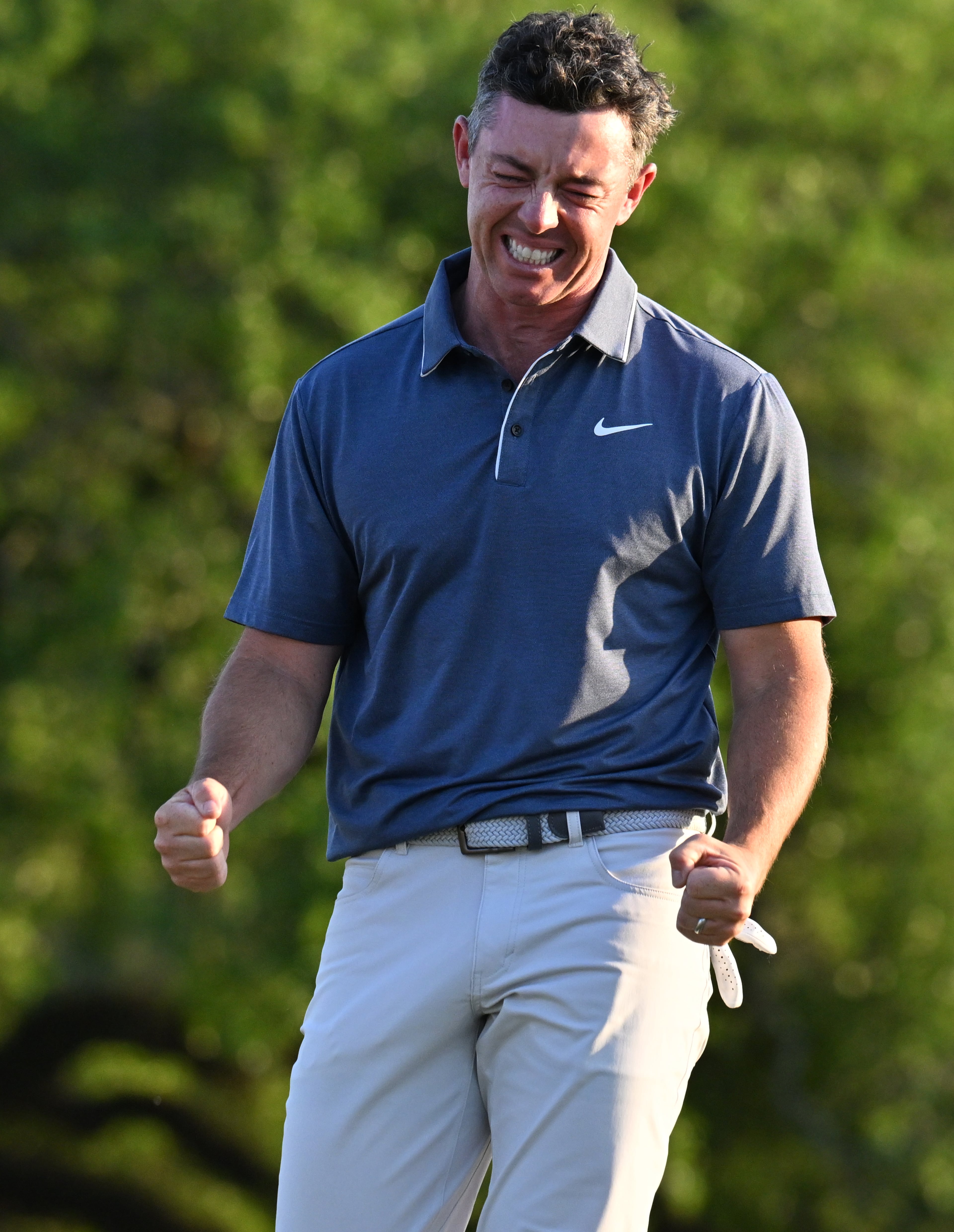 Rory McIlroy celebrates winning the Masters golf tournament with a birdie in the first playoff hole during final round of the Masters golf tournament, at Augusta National Golf Club, Sunday, April 13, 2025, in Augusta, Ga. (Hyosub Shin / AJC)