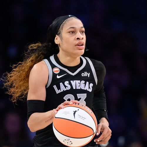 FILE - Las Vegas Aces guard Chennedy Carter (23) dribbles during a WNBA basketball game against the Los Angeles Sparks in Los Angeles, May 10, 2026. (AP Photo/Kyusung Gong, File)