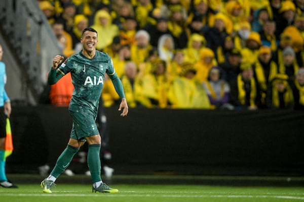 Tottenham's Pedro Porro celebrates scoring a goal during the Europa League semifinal soccer match between Bodø/Glimt and Tottenham Hotsour at Aspmyra Stadium, Bodo, Norway, Thursday May 8, 2025. (Stian Lysberg Solum/NTB via AP)