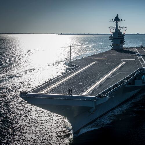 FILE - In this photo provided by the U.S. Navy, the USS Gerald R. Ford embarked on the first of its sea trials to test various state-of-the-art systems on its own power for the first time, April 8, 2017, from Newport News, Va. (Mass Communication Specialist 2nd Class Ridge Leoni/U.S. Navy via AP, File)