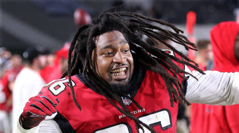 January 6, 2018 Los Angeles: Falcons safety Kemal Ishmael celebrates as time expires in a 26-13 victory over the Rams in their NFL Wild Card Game on Saturday, January 6, 2018, in Los Angeles. Curtis Compton/ccompton@ajc.com