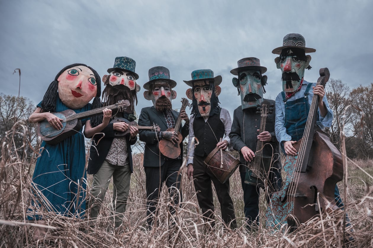 Del Roscoe founder Robert Lee refers to the band, based in Avondale Estates, as "a sort of outsider art theater troupe — who also just happen to make records and play live shows.” When the band has room onstage, the musicians enjoy utilizing props and oversized masks made by drummer Matt McKinney. (Courtesy of Jeff Shipman)