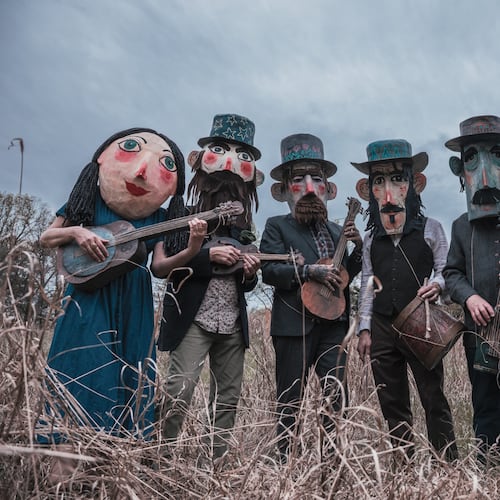 Del Roscoe founder Robert Lee refers to the band, based in Avondale Estates, as "a sort of outsider art theater troupe — who also just happen to make records and play live shows.” When the band has room onstage, the musicians enjoy utilizing props and oversized masks made by drummer Matt McKinney. (Courtesy of Jeff Shipman)