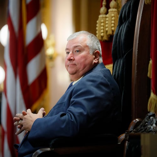 FILE - Ohio House Speaker Larry Householder sits at the head of a legislative session in Columbus, Ohio, Oct. 30, 2019. The convicted former Ohio House speaker was recently transferred to Oklahoma to begin his time in federal prison. (AP Photo/John Minchillo, File)