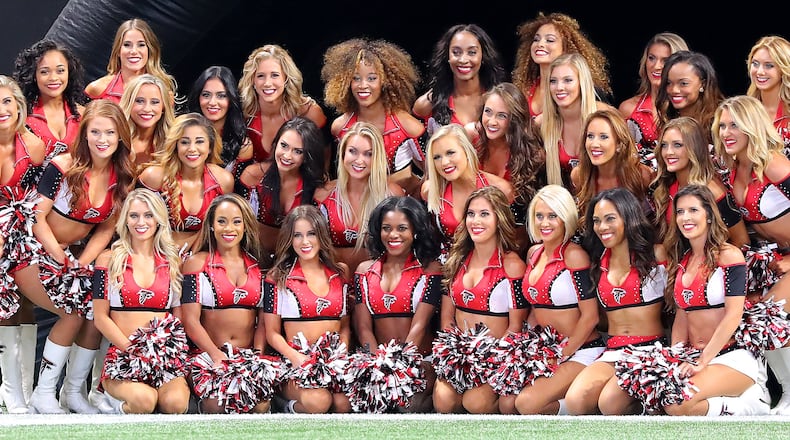 October 15, 2017 Atlanta: The Falcons cheerleaders gather for a group photo before taking the field in a NFL football game against the Dolphins on Sunday, October 15, 2017, in Atlanta. Curtis Compton/ccompton@ajc.com