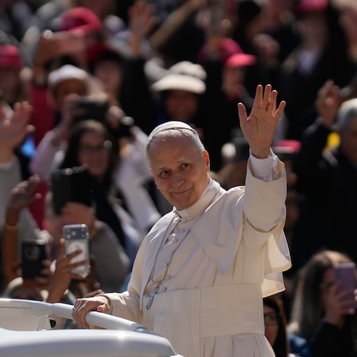Pope Leo XIV arrives for his weekly general audience in St. Peter's Square, at the Vatican, Wednesday, April 8, 2026. (AP Photo/Gregorio Borgia)