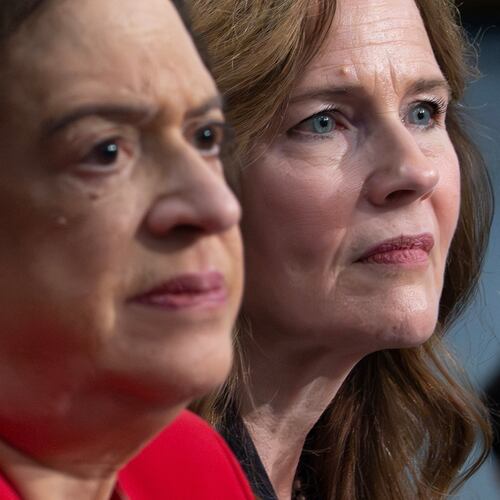 Supreme Court Justices Amy Coney Barrett, right, and Elena Kagan testify during a House Appropriations subcommittee hearing, Tuesday, July 14, 2026, on Capitol Hill in Washington. (AP Photo/Nathan Howard)