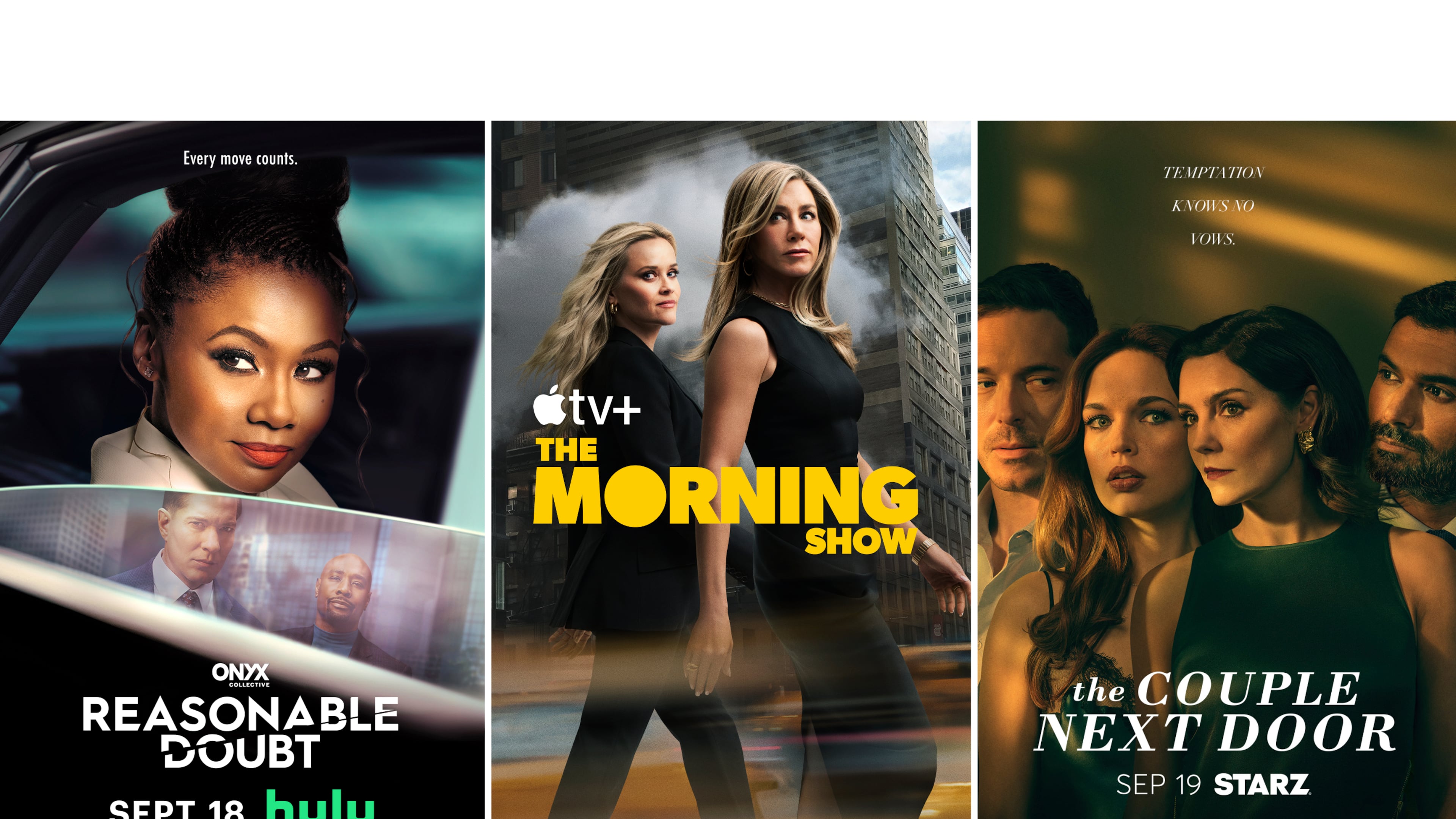 This combination of images shows promotional art for the series "Reasonable Doubt," left, "The Morning Show," center, and "The Couple Next Door." (Hulu/Apple TV+/Starz via AP)