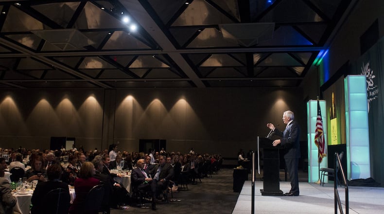 Gov. Nathan Deal speaks at Gwinnett Clean & Beautiful’s 11th Annual Environmental Address at the Infinite Energy Center in Duluth Wednesday. Deal boasted on Georgia’s improving numbers in several aspects of the state’s environmental awareness and progress. (CASEY SYKES / CASEY.SYKES@AJC.COM)
