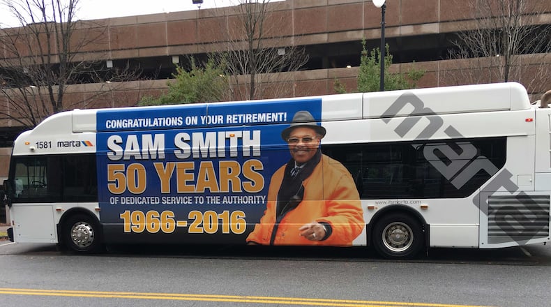 MARTA officials dedicated a bus to retiree Sam Smith on Tuesday at Lindbergh Center Station. Smith had worked for the company for 50 years. (Credit: Alisa Jackson)