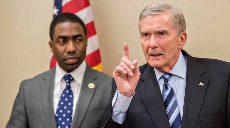 Interim DeKalb County CEO Lee May (left) and former state Attorney General Mike Bowers, who is leading a probe into corruption in the county. Jonathan Phillips/Special