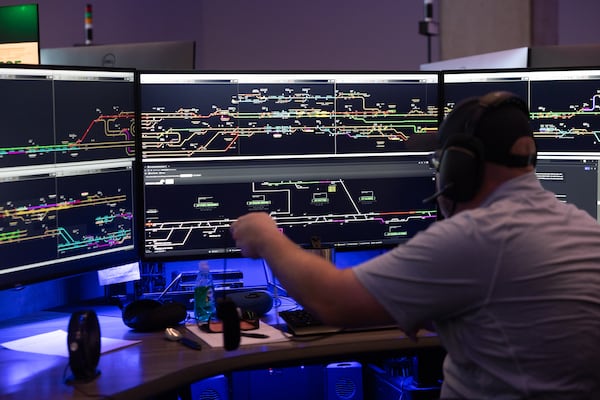 Dispatchers work at the network operations center at the Norfolk Southern building in Atlanta on July 29, 2026. (Arvin Temkar/AJC)