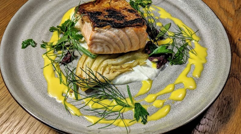 Faroe Island Salmon with Roasted Fennel, Kalamata Olives, Goat Cheese Citrus Emulsion and Petite Greens from The Select.