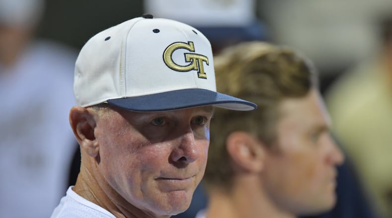 Georgia Tech baseball coach Danny Hall watches from dugout in the 6th inning during the first game of the NCAA regionals against Florida A&M at Russ Chandler Stadium Friday, May 31, 2019, in Atlanta. Georgia Tech won 13-2.