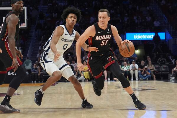 Miami Heat forward Duncan Robinson (55) dribbles the ball as Memphis Grizzlies forward Jaylen Wells (0) defends during the first half of an NBA basketball game, Thursday, April 3, 2025, in Miami. (AP Photo/Marta Lavandier)