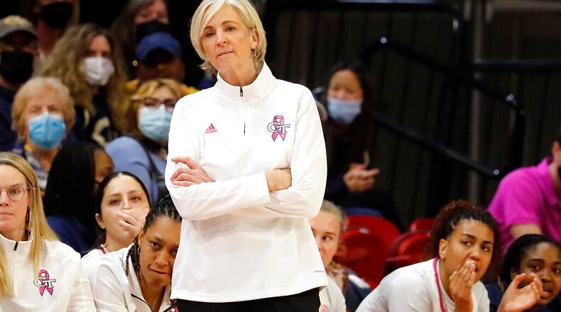 Georgia Tech head coach Nell Fortner watches from the sidelines during the first half of an NCAA college basketball game against North Carolina State, Monday, Feb. 7, 2022, in Raleigh, N.C. (AP Photo/Karl B. DeBlaker)