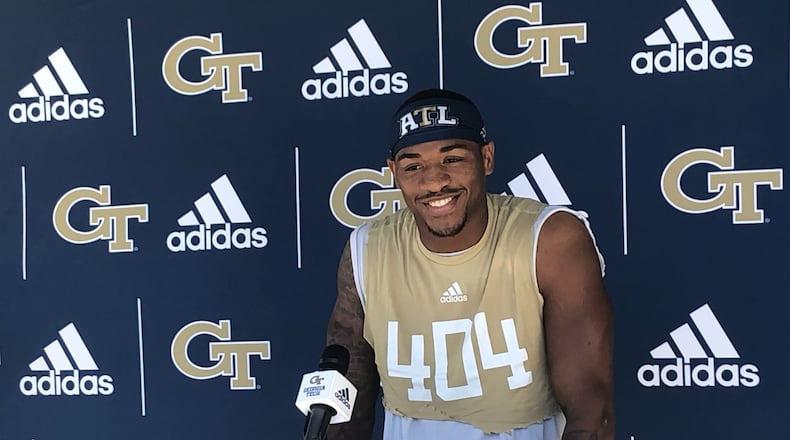 Georgia Tech safety Juanyeh Thomas speaks with media following practice at Bobby Dodd Stadium October 20, 2021. (AJC photo by Ken Sugiura)
