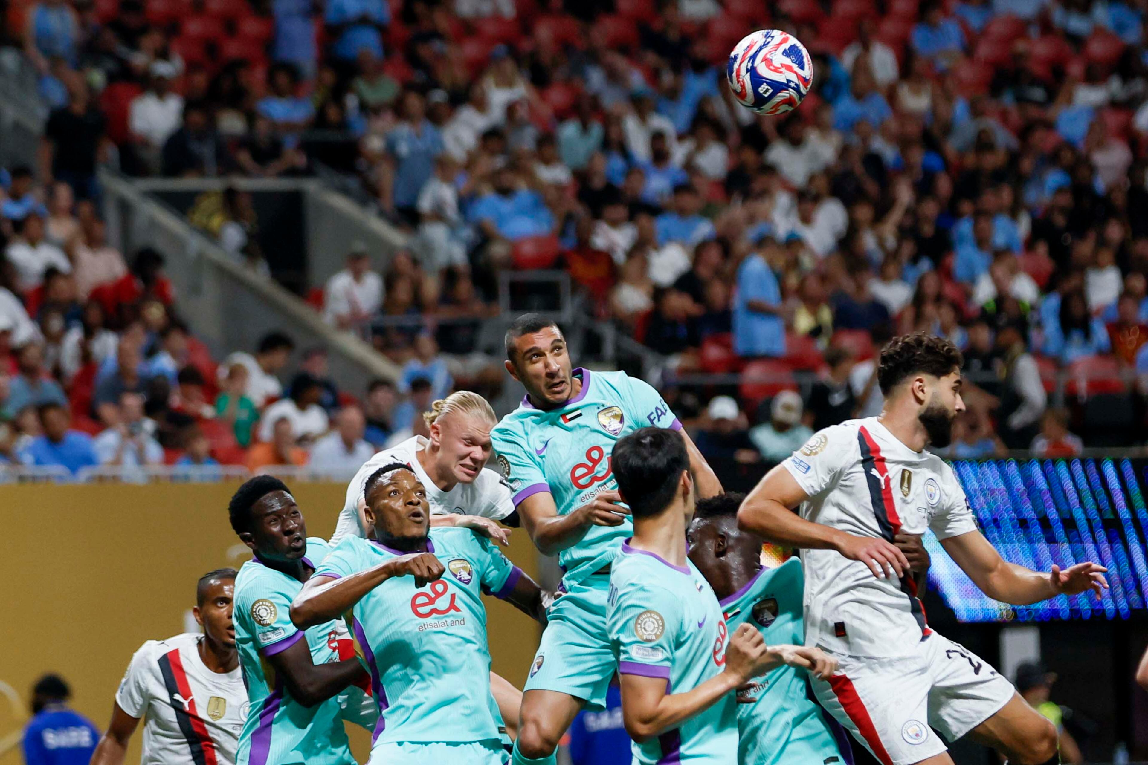 Al Ain FC players tried to defend the ball during the Club World Cup group G soccer match between Manchester City and Al Ain at Mercedes-Benz Stadium on Sunday, June 22, 2025.
(Miguel Martinez/ AJC)