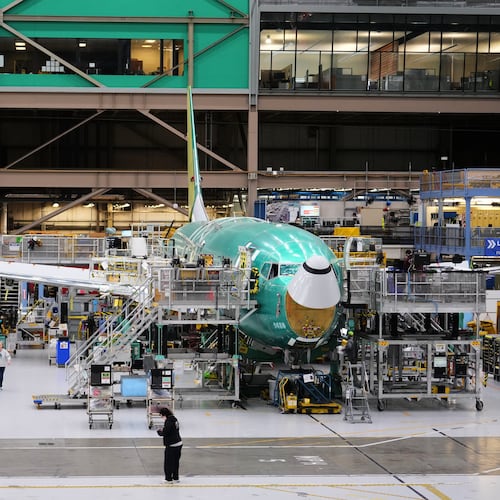 A Boeing 737 MAX airplane on the final assembly line is seen during a media tour at Boeing's factory Wednesday, April 15, 2026, in Renton, Wash. (AP Photo/Lindsey Wasson)