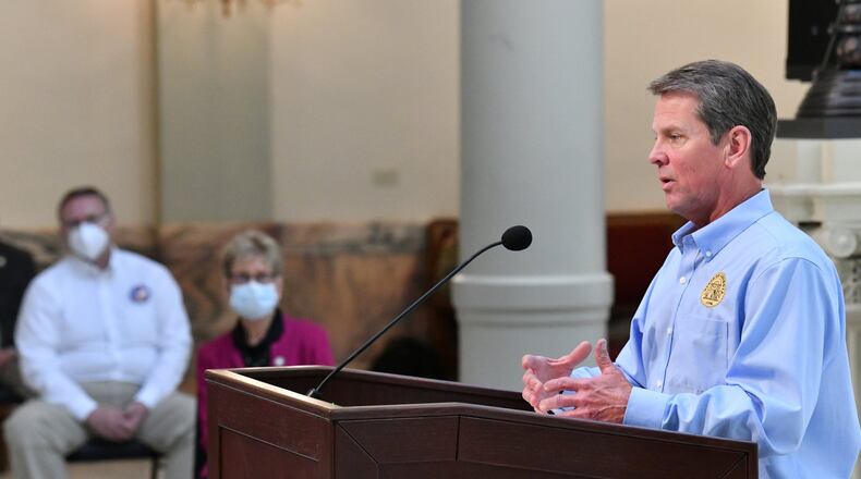 Gov. Brian Kemp speaks during a press briefing to update on COVID-19 at the Georgia State Capitol on Tuesday, May 12, 2020. HYOSUB SHIN / HYOSUB.SHIN@AJC.COM