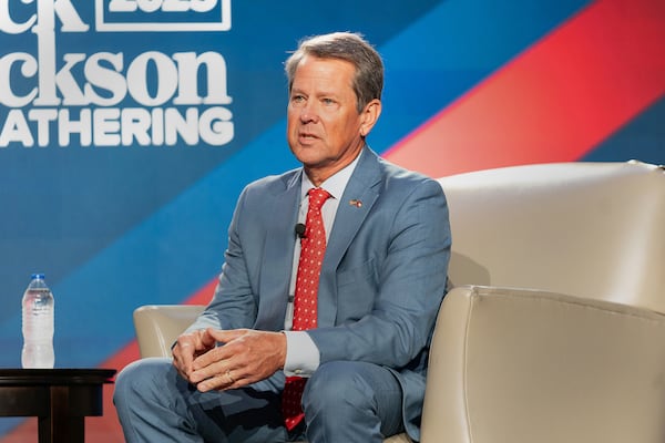 Republican Gov. Brian Kemp speaks during an event hosted by conservative radio host Erick Erickson on Aug. 18, 2023, in Atlanta. Kemp has not said if he will run for Senate at the end of his term heading state government. (Megan Varner/Getty Images/TNS)