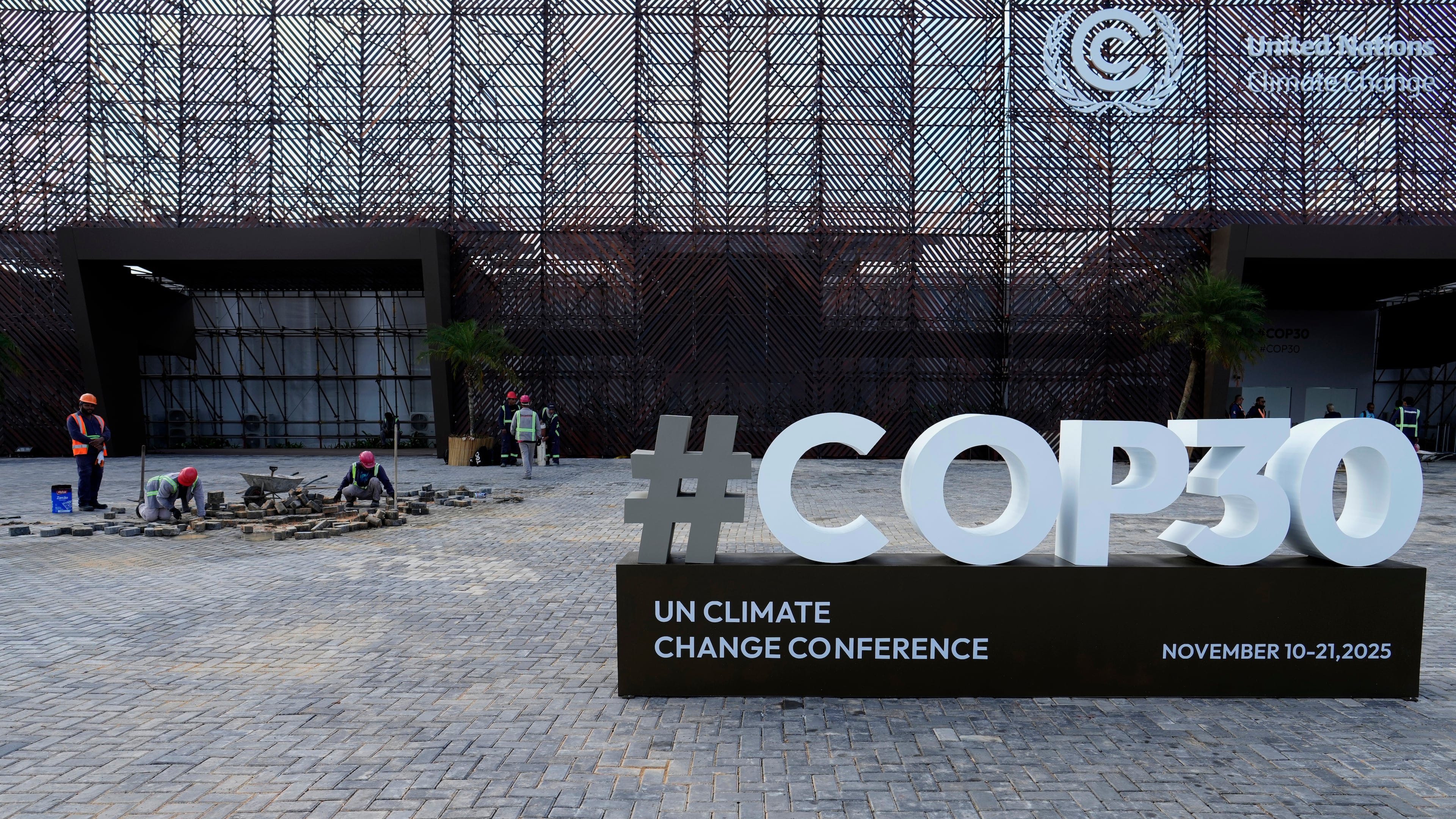 A sign for the upcoming COP30 U.N. Climate Summit sits outside of the press center in Belem, Brazil, Monday, Nov. 3, 2025. (AP Photo/Eraldo Peres)