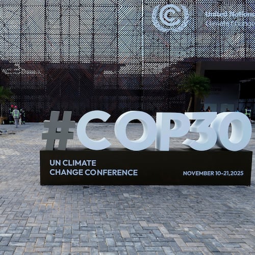 A sign for the upcoming COP30 U.N. Climate Summit sits outside of the press center in Belem, Brazil, Monday, Nov. 3, 2025. (AP Photo/Eraldo Peres)