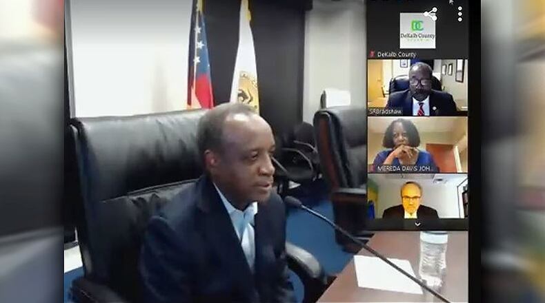 DeKalb County CEO Michael Thurmond and several members of the DeKalb County Board of Commissioners during a virtual Tuesday morning meeting.