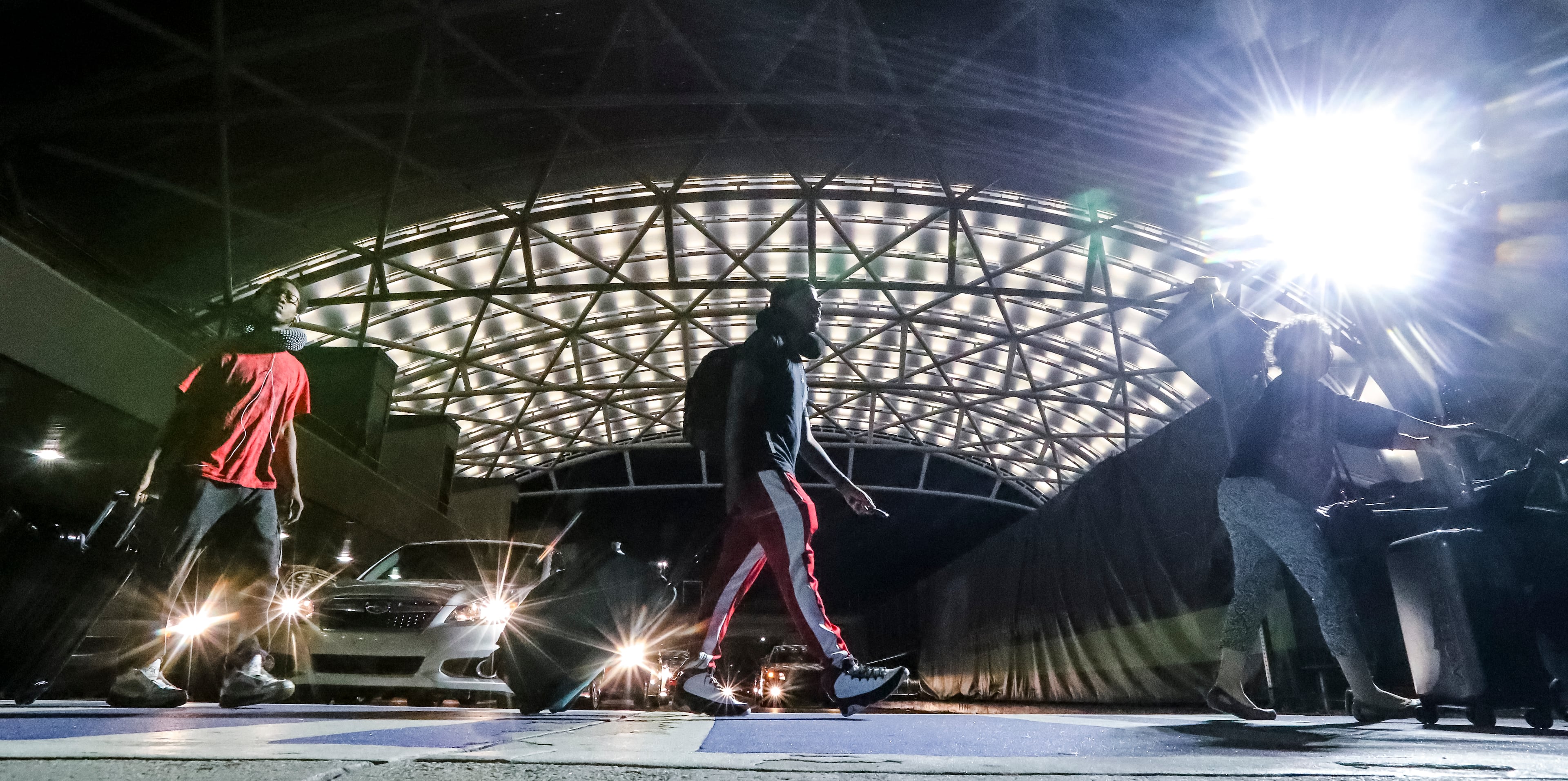 Hartsfield-Jackson International Airport's tests the lighting system on a massive canopy under construction at the domestic terminal curbside from Wednesday night into Thursday morning August 16, 2018. (John Spink/AJC)