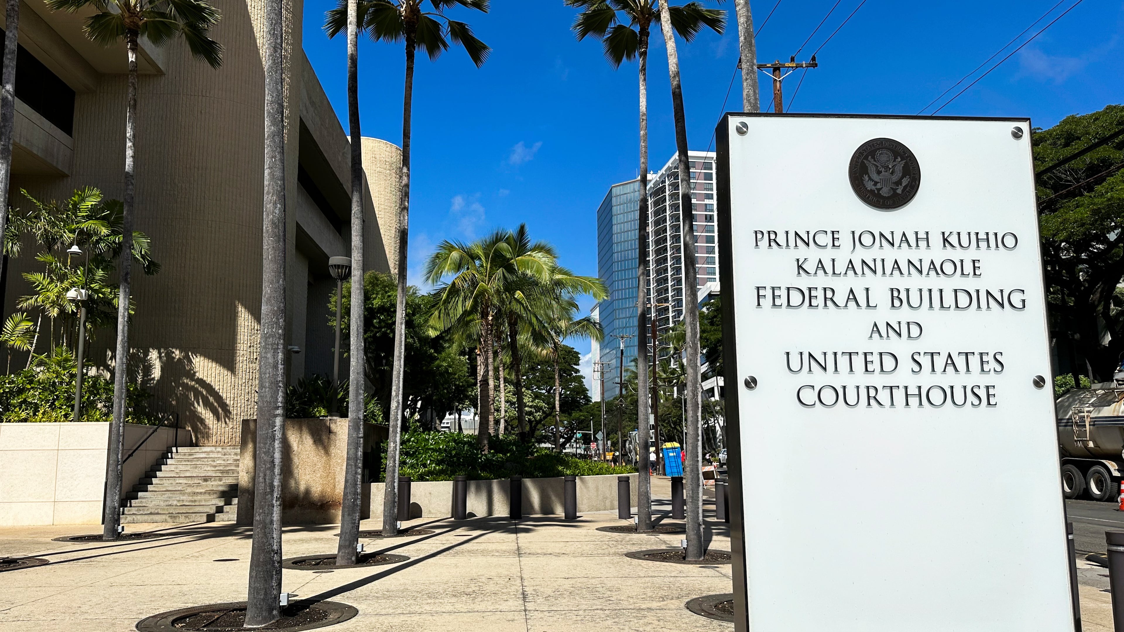 FILE - A sign for the Prince Jonah Kuhio Kalanianaole Federal Building and Courthouse is displayed outside the courthouse on Jan. 22, 2024, in Honolulu. (AP Photo/Jennifer Kelleher, File)