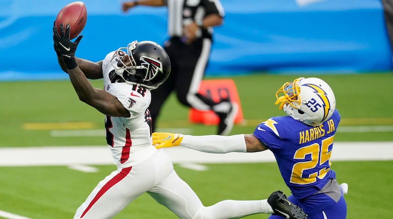 Falcons' Calvin Ridley hauls in a deep pass.