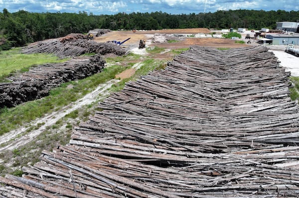 An aerial photo shows a timber yard near downtown Folkston on Tuesday, August 12, 2025. (Hyosub Shin / AJC)