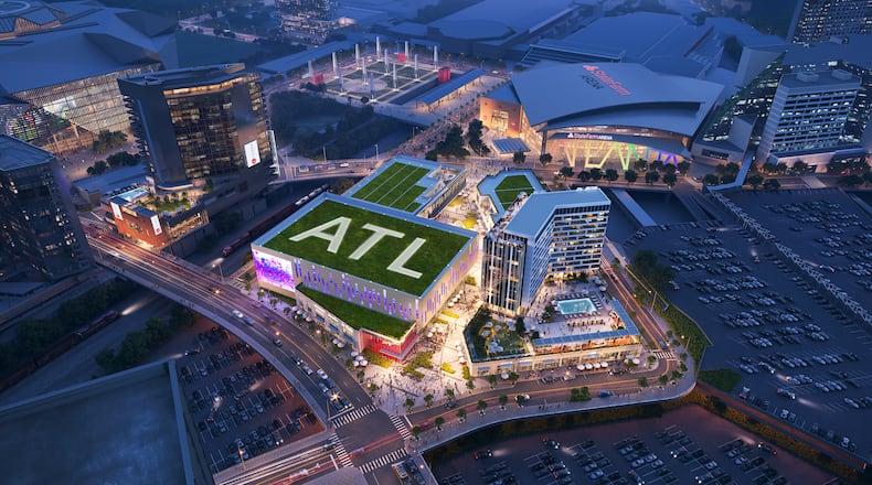 This is a rendering of the planned entertainment district that will make up the center of the Centennial Yards development in downtown Atlanta. The project was designed by Atlanta architecture firm Gensler. (Gensler)
