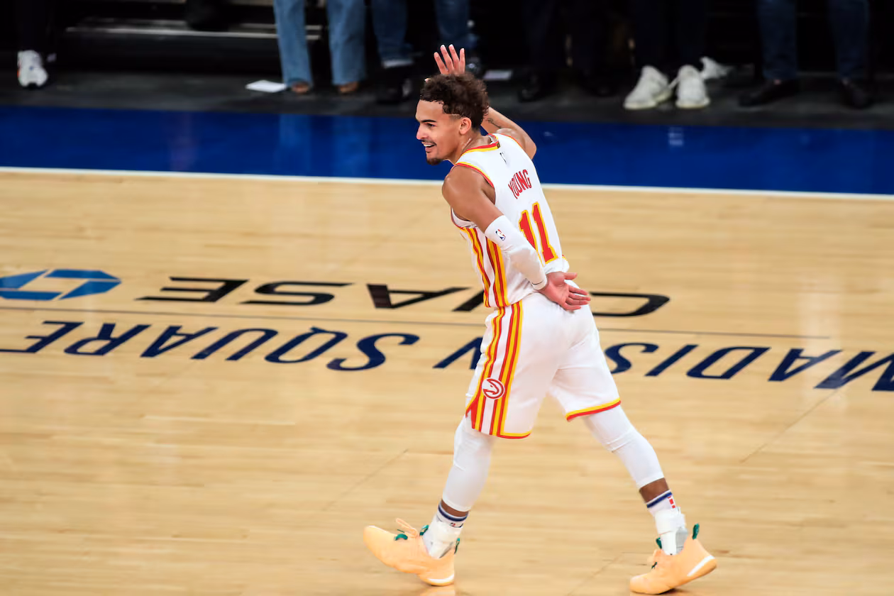 Trae Young waves to the crowd after making a three-pointer in Game 5 of the Hawks' first-round playoff series against the Knicks on Wednesday, June 2, 2021, in New York. (Wendell Cruz/Pool Photo via AP)