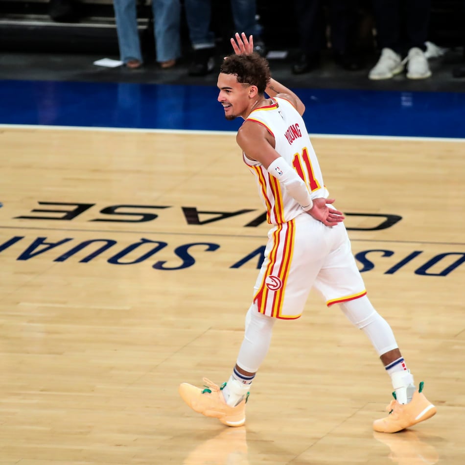 Trae Young waves to the crowd after making a three-pointer in Game 5 of the Hawks' first-round playoff series against the Knicks on Wednesday, June 2, 2021, in New York. (Wendell Cruz/Pool Photo via AP)