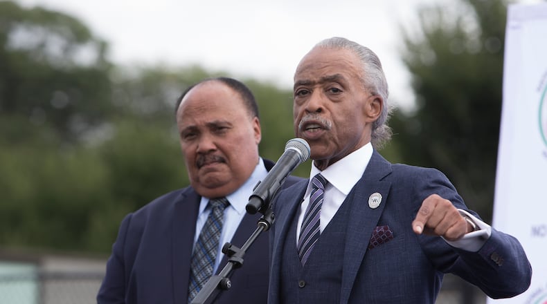 The Rev. Al Sharpton speaks beside Martin Luther King III, during the One Thousand Ministers March for Justice rally in Washington, Aug. 28, 2017. The rally, organized by Sharptons National Action Network, falls on the 54th anniversary of the March on Washington. (Tom Brenner/The New York Times)