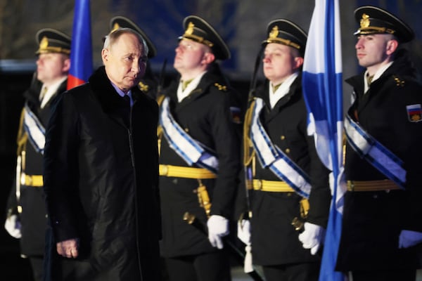 Russian President Vladimir Putin visits the Atomflot, a service base for nuclear-powered fleet, in Murmansk, Russia, Thursday, March 27, 2025. (Sergei Karpukhin, Sputnik, Kremlin Pool Photo via AP)
