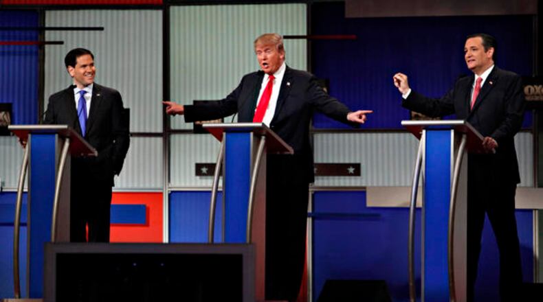 Sen. Marco Rubio, Donald Trump and Sen. Ted Cruz at the Republican debate in New Hampshire.