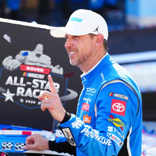 Denny Hamlin celebrates in Victory Lane after winning the NASCAR All-Star auto race at Dover Motor Speedway, Sunday, May 17, 2026, in Dover, Del. (AP Photo/Derik Hamilton)