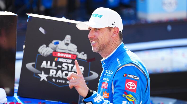 Denny Hamlin celebrates in Victory Lane after winning the NASCAR All-Star auto race at Dover Motor Speedway, Sunday, May 17, 2026, in Dover, Del. (AP Photo/Derik Hamilton)
