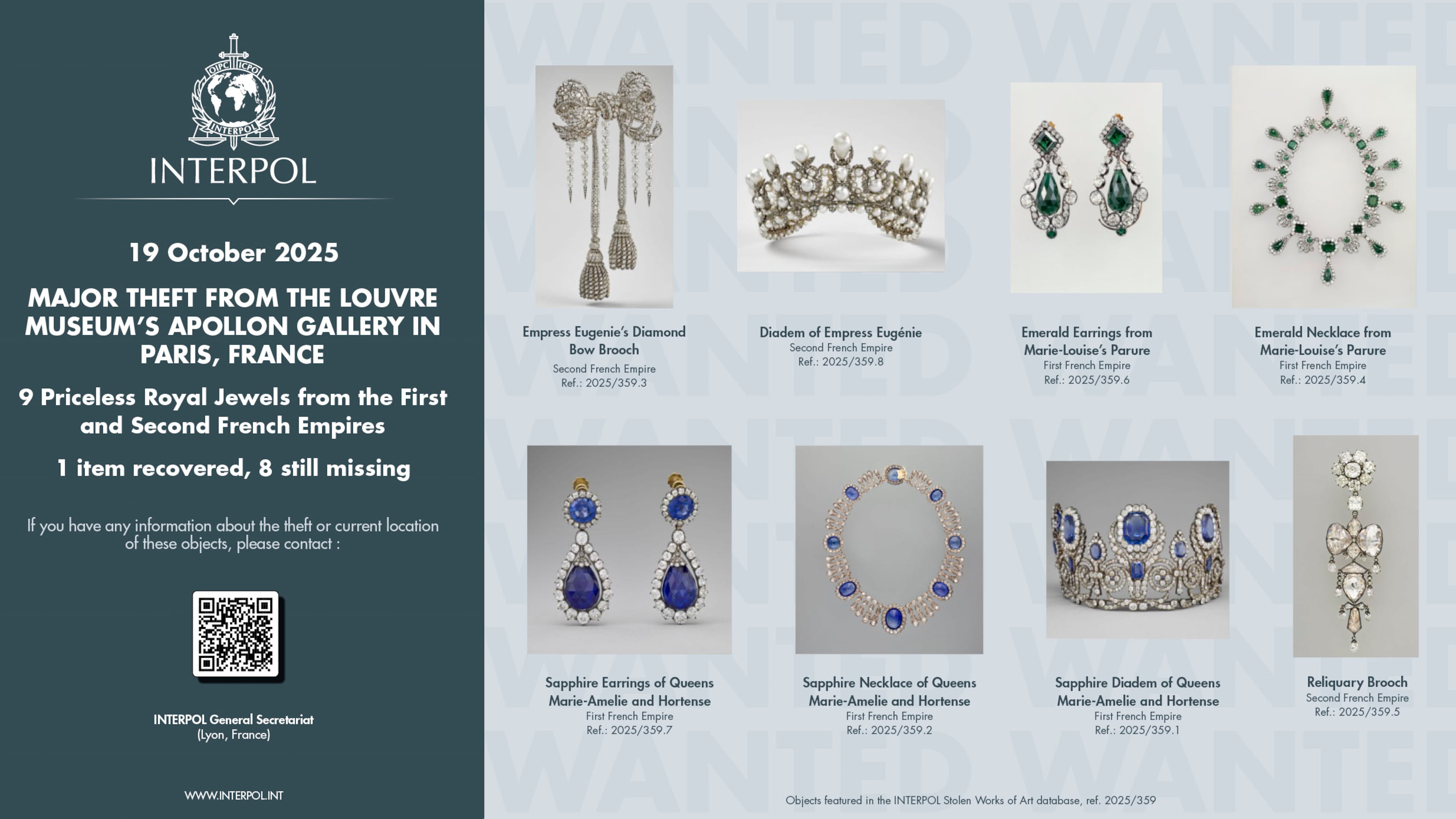 This photo provided Thursday Oct. 23, 2025 by Interpol and taken from its website shows the jewels stolen in the Louvre museum on Sunday Oct.19, 2025 in Paris. (Interpol via AP)